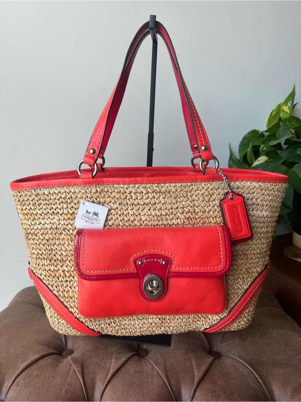 Coach Natural Beige Rafia-Red Leather Straw Tote NWT 22904